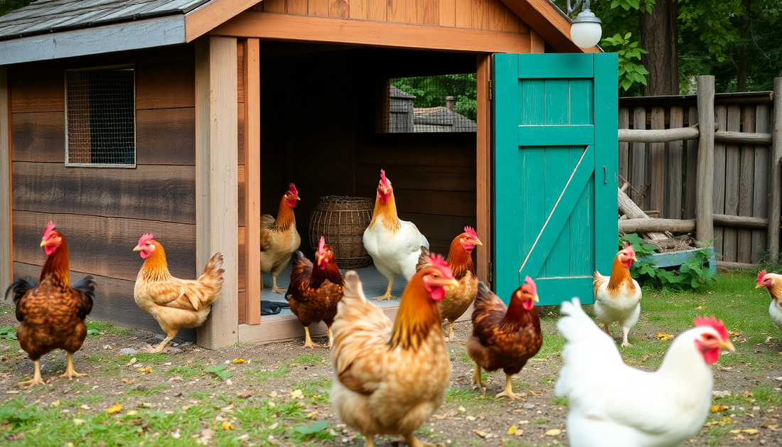 A cozy chicken coop with happy chickens roaming