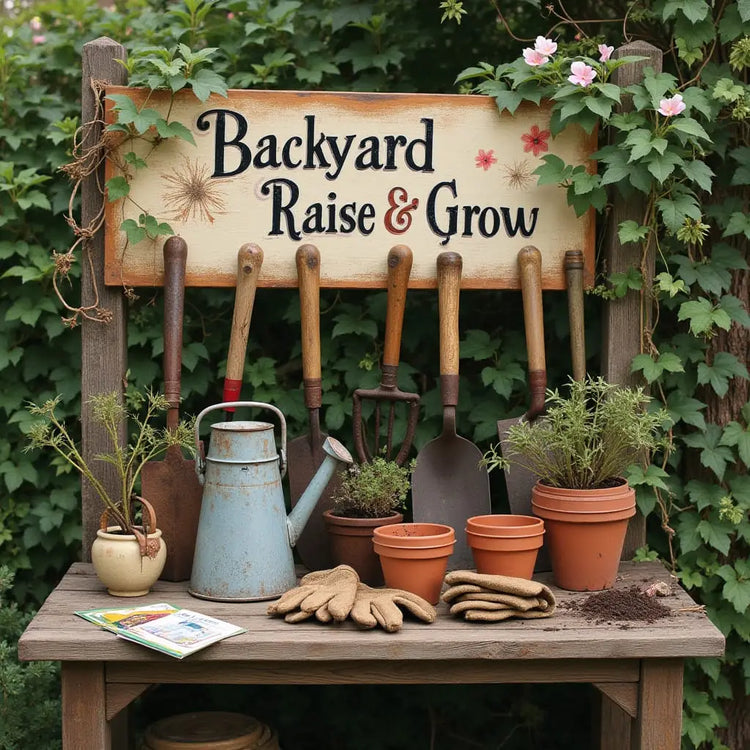 Assorted gardening tools and gloves arranged on a potting bench beside a โBackyard Raise & Growโ sign in a backyard garden.