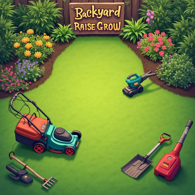 A well-kept backyard with electric lawn care tools including a cordless mower, leaf blower, rake, and shovel placed neatly on a grassy lawn, surrounded by garden beds and a wooden sign that reads โBackyard Raise & Grow.โ