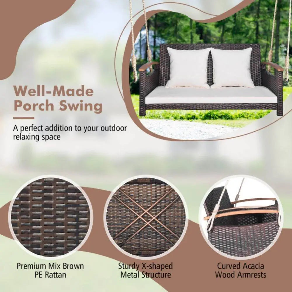 2-Person Patio Rattan Porch Swing with Cushions & Acacia Wood Armrests for Outdoor Use Mix Brown | BRG - Brown - Porch