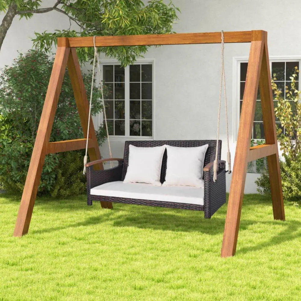 2-Person Patio Rattan Porch Swing with Cushions & Acacia Wood Armrests for Outdoor Use Mix Brown | BRG - Brown - Porch