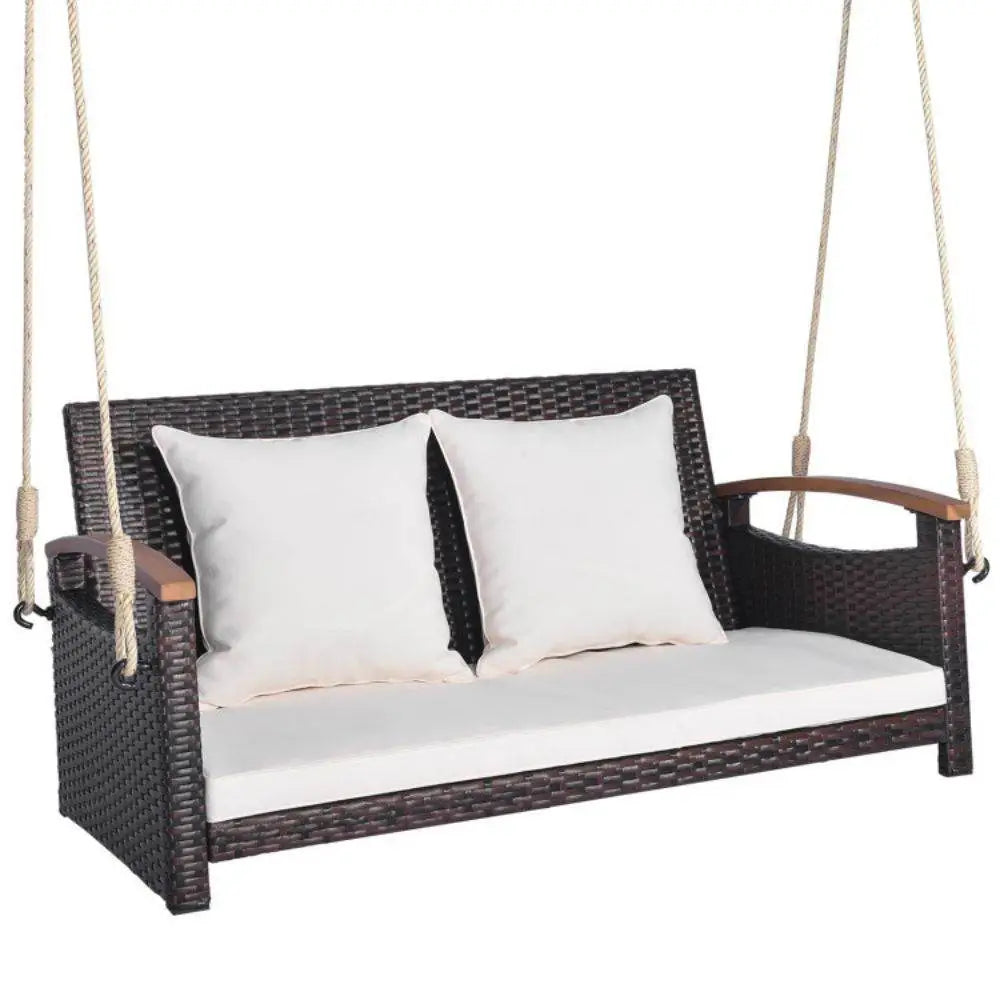 2-Person Patio Rattan Porch Swing with Cushions & Acacia Wood Armrests for Outdoor Use Mix Brown | BRG - Brown - Porch