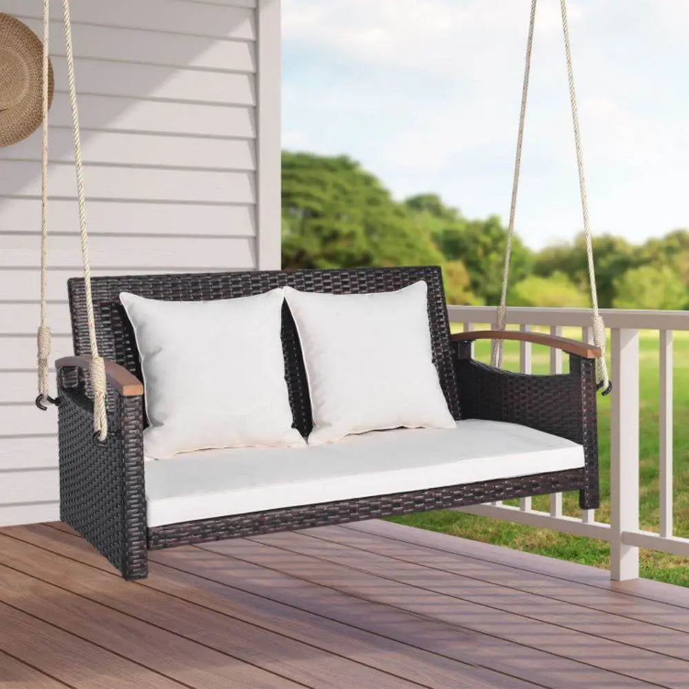 2-Person Patio Rattan Porch Swing with Cushions & Acacia Wood Armrests for Outdoor Use Mix Brown | BRG - Brown - Porch