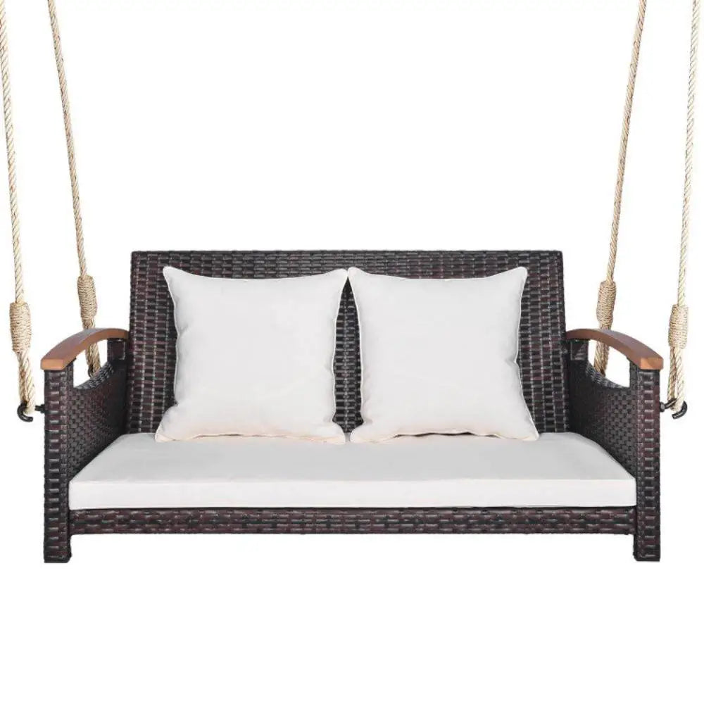 2-Person Patio Rattan Porch Swing with Cushions & Acacia Wood Armrests for Outdoor Use Mix Brown | BRG - Brown - Porch