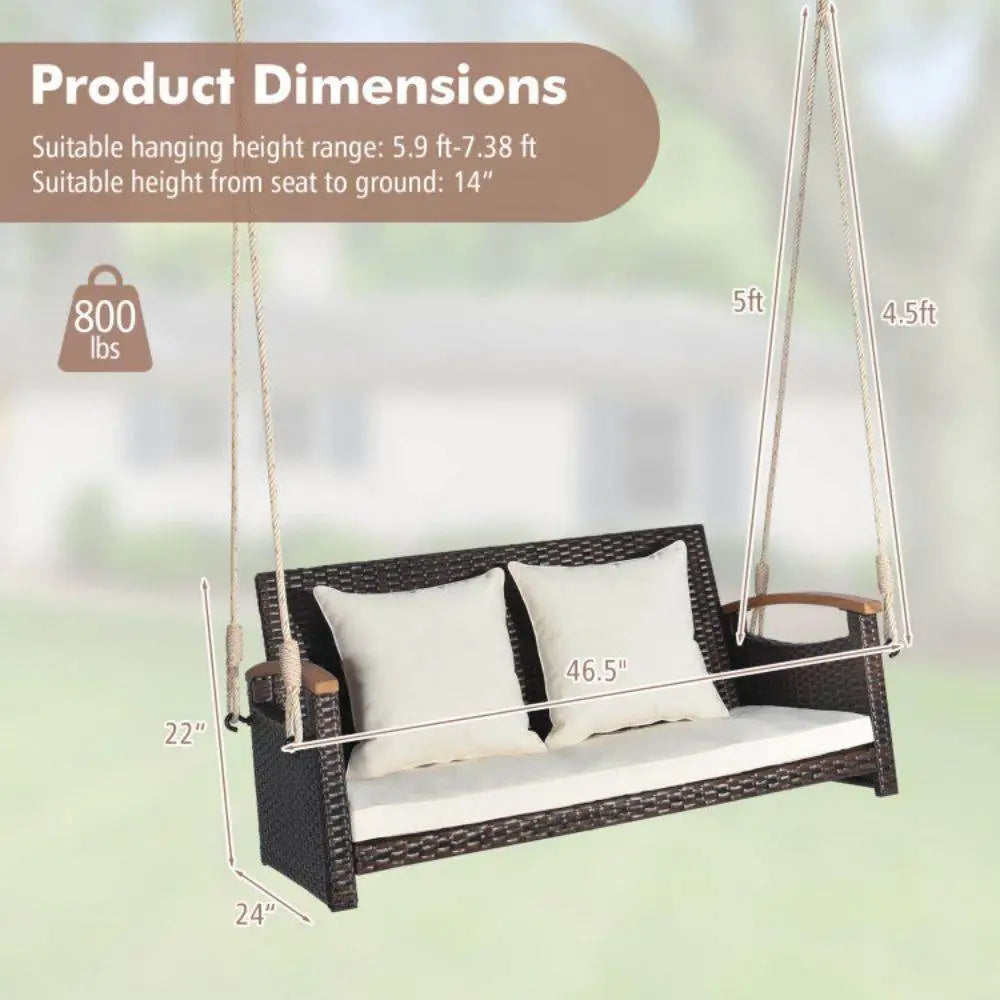 2-Person Patio Rattan Porch Swing with Cushions & Acacia Wood Armrests for Outdoor Use Mix Brown | BRG - Brown - Porch