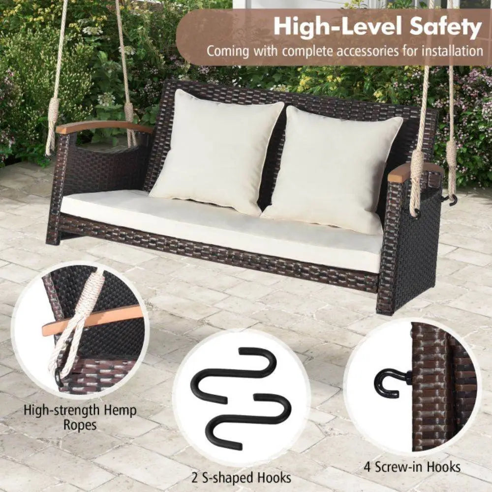 2-Person Patio Rattan Porch Swing with Cushions & Acacia Wood Armrests for Outdoor Use Mix Brown | BRG - Brown - Porch