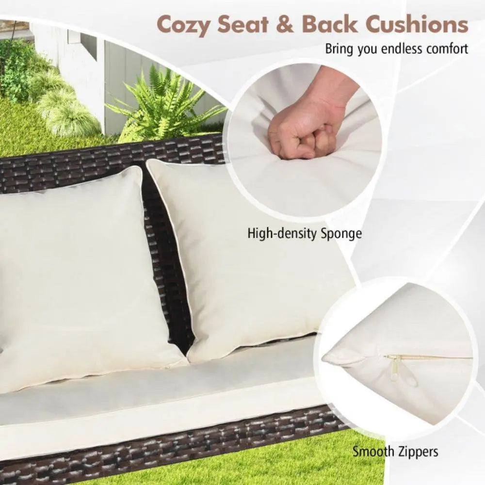2-Person Patio Rattan Porch Swing with Cushions & Acacia Wood Armrests for Outdoor Use Mix Brown | BRG - Brown - Porch