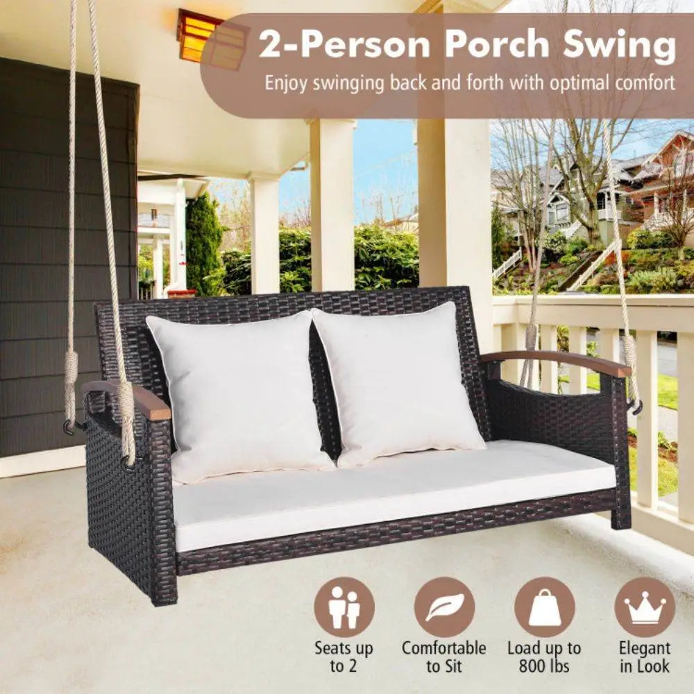 2-Person Patio Rattan Porch Swing with Cushions & Acacia Wood Armrests for Outdoor Use Mix Brown | BRG - Brown - Porch