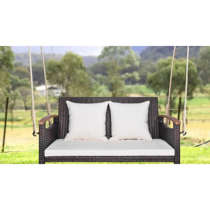 2-Person Patio Rattan Porch Swing with Cushions & Acacia Wood Armrests for Outdoor Use Mix Brown | BRG - Brown - Porch