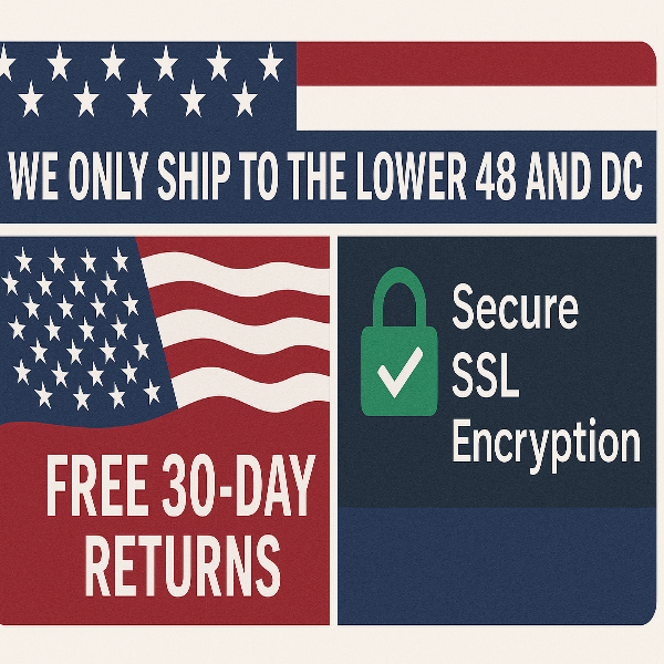 Patriotic website banner showing U.S. shipping coverage, 30-day free returns, and SSL encryption for secure checkout