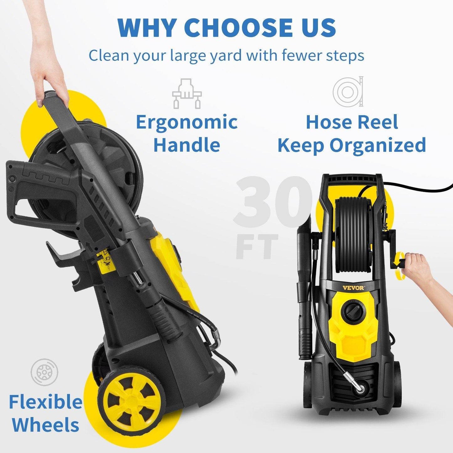VEVOR Electric Pressure Washer, 2000 PSI, Max 1.65 GPM Power Washer w/ 30 ft Hose & Reel, 5 Quick Connect Nozzles, Foam Cannon, Portable to Clean Patios, Cars, Fences, Driveways, ETL Listed - BRG | Backyard Raise & Grow -