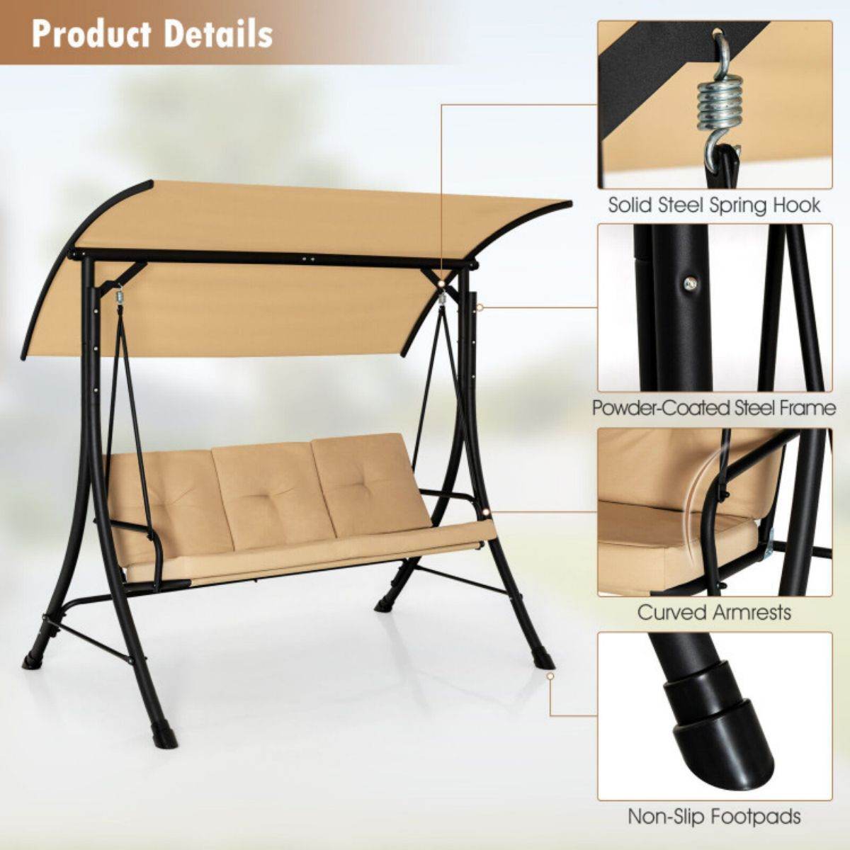 3-Seat Outdoor Porch Swing with Adjustable Canopy and Cushions â Heavy-Duty Steel Frame, 800 lb Capacity | BRG - BRG | Backyard Raise & Grow - 3-person swing, canopy swing, cushioned swing, garden swing, outdoor seating, patio swing, porch swing, steel frame swing