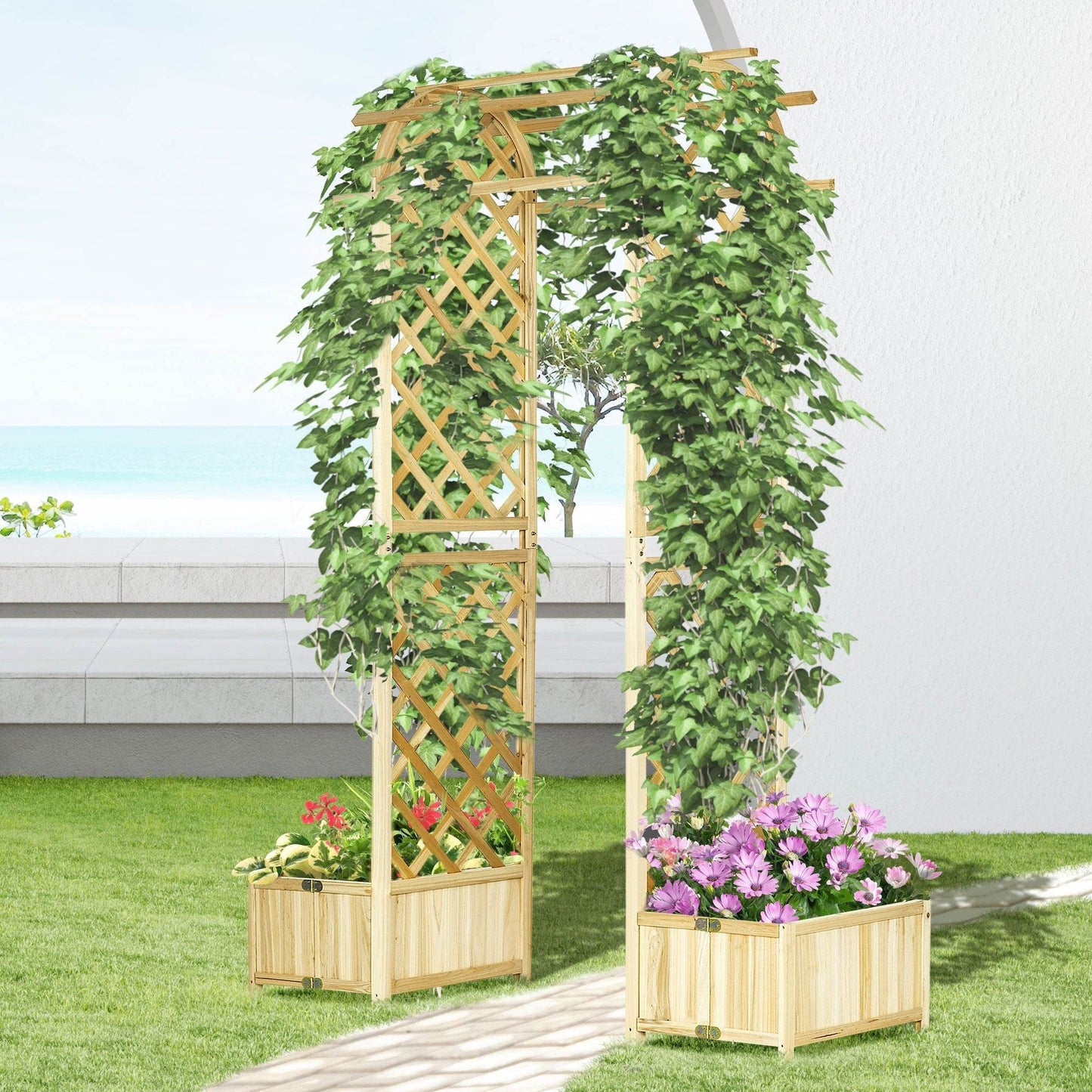 7.5' Wooden Wedding Arch with Built-In Planters for Garden, Vines, Balloons or Event Backdrop | BRG - BRG | Backyard Raise & Grow - balloon stand, event arch frame, floral trellis, garden arbor, natural wood garden arch, outdoor arch with planters, rustic wedding decor, wedding backdrop, wooden arch