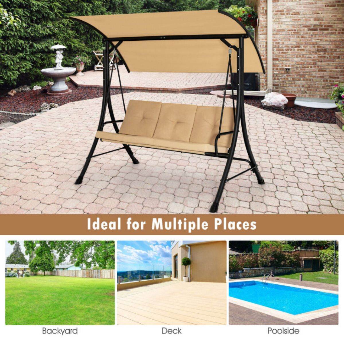 3-Seat Outdoor Porch Swing with Adjustable Canopy and Cushions â Heavy-Duty Steel Frame, 800 lb Capacity | BRG - BRG | Backyard Raise & Grow - 3-person swing, canopy swing, cushioned swing, garden swing, outdoor seating, patio swing, porch swing, steel frame swing