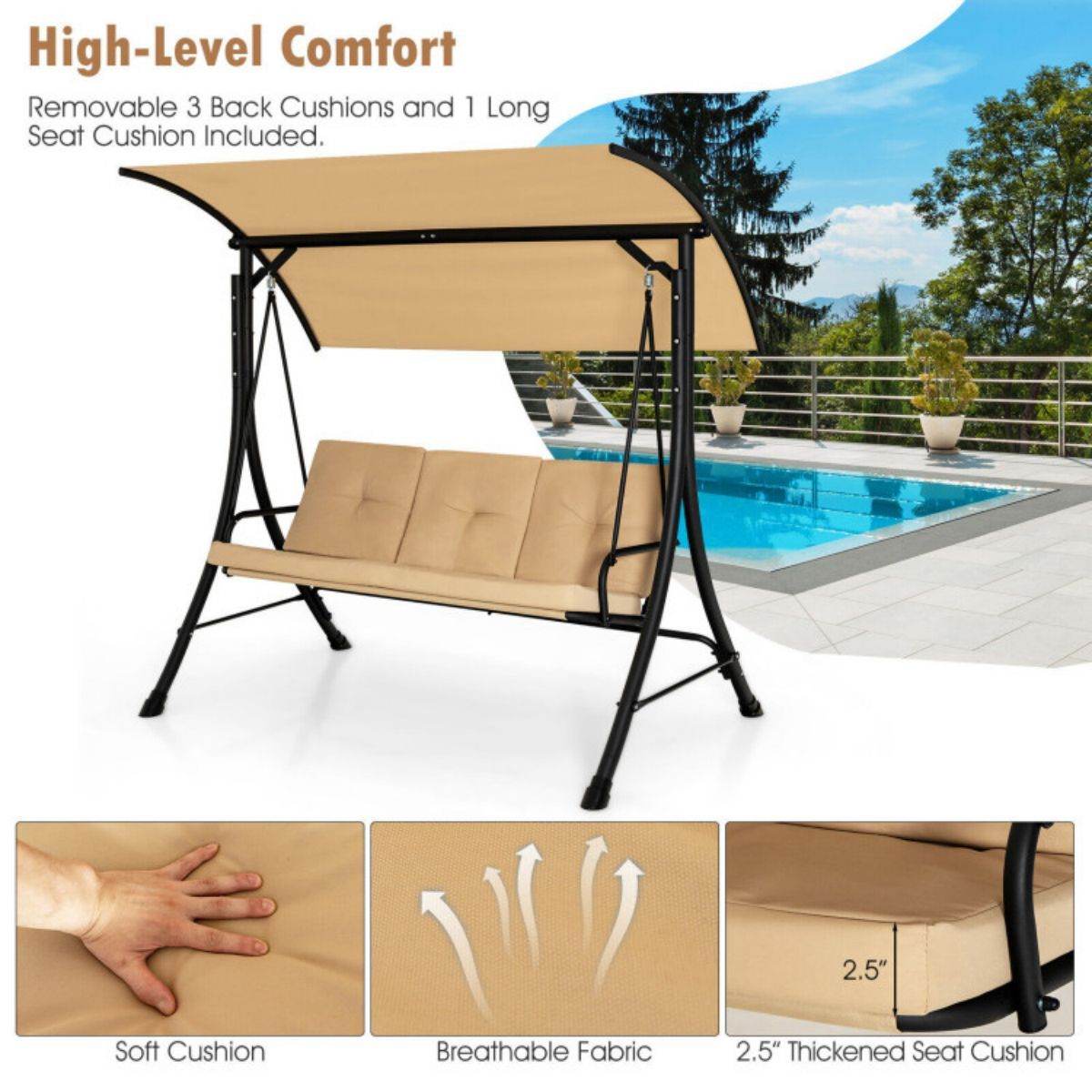 3-Seat Outdoor Porch Swing with Adjustable Canopy and Cushions â Heavy-Duty Steel Frame, 800 lb Capacity | BRG - BRG | Backyard Raise & Grow - 3-person swing, canopy swing, cushioned swing, garden swing, outdoor seating, patio swing, porch swing, steel frame swing
