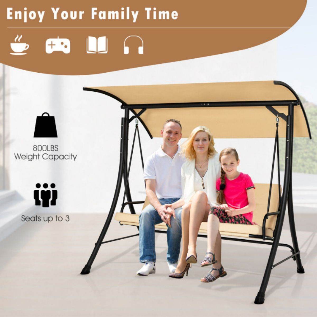 3-Seat Outdoor Porch Swing with Adjustable Canopy and Cushions â Heavy-Duty Steel Frame, 800 lb Capacity | BRG - BRG | Backyard Raise & Grow - 3-person swing, canopy swing, cushioned swing, garden swing, outdoor seating, patio swing, porch swing, steel frame swing