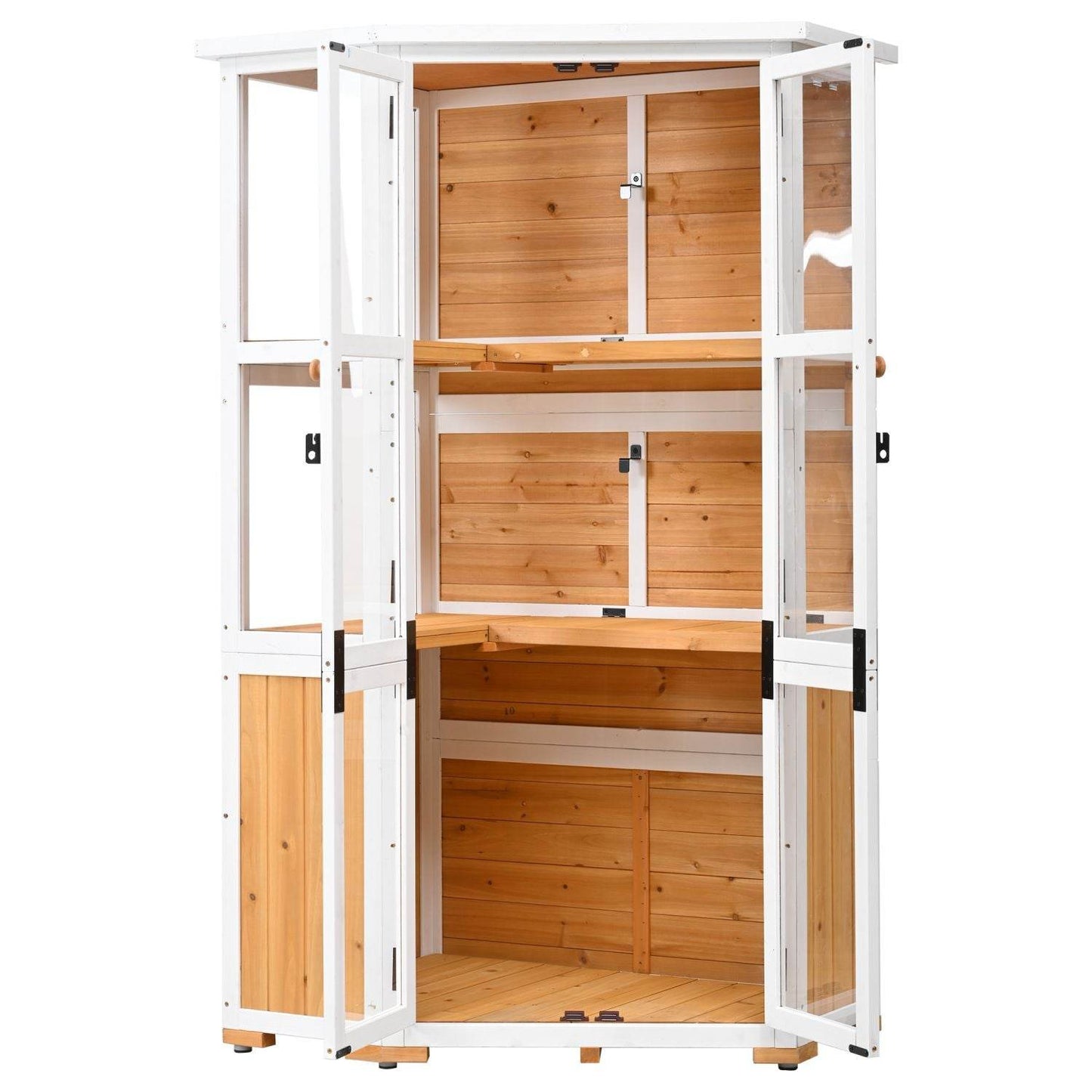 TOPMAX 63'' Garden Wood Storage Cabinet – Outdoor Mini Greenhouse Shed with Waterproof Roof, Lockable Doors & Adjustable Shelves | BRG - BRG | Backyard Raise & Grow - backyard greenhouse, cold frame shed, fir wood greenhouse, garden storage shed, mini greenhouse, outdoor storage cabinet, patio tool organizer, TOPMAX shed, waterproof garden shed, wood tool cabinet
