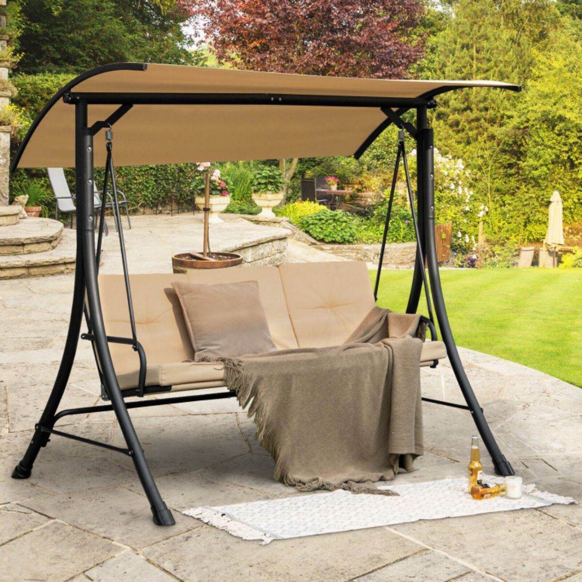 3-Seat Outdoor Porch Swing with Adjustable Canopy and Cushions â Heavy-Duty Steel Frame, 800 lb Capacity | BRG - BRG | Backyard Raise & Grow - 3-person swing, canopy swing, cushioned swing, garden swing, outdoor seating, patio swing, porch swing, steel frame swing