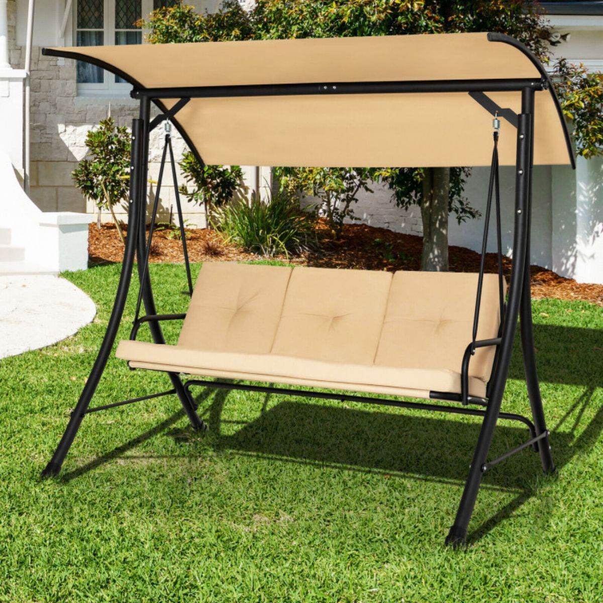 3-Seat Outdoor Porch Swing with Adjustable Canopy and Cushions â Heavy-Duty Steel Frame, 800 lb Capacity | BRG - BRG | Backyard Raise & Grow - 3-person swing, canopy swing, cushioned swing, garden swing, outdoor seating, patio swing, porch swing, steel frame swing