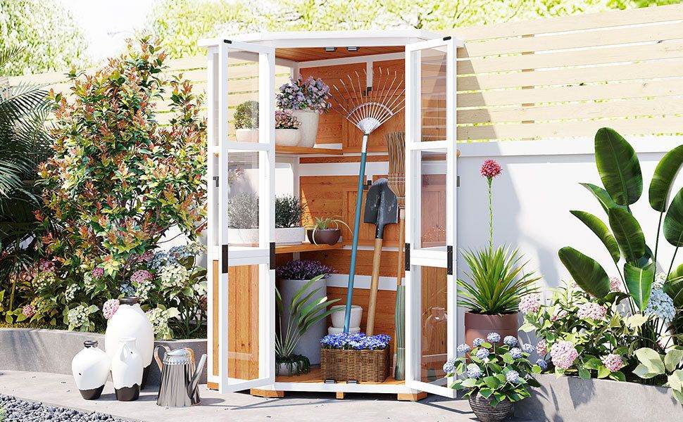 TOPMAX 63'' Garden Wood Storage Cabinet – Outdoor Mini Greenhouse Shed with Waterproof Roof, Lockable Doors & Adjustable Shelves | BRG - BRG | Backyard Raise & Grow - backyard greenhouse, cold frame shed, fir wood greenhouse, garden storage shed, mini greenhouse, outdoor storage cabinet, patio tool organizer, TOPMAX shed, waterproof garden shed, wood tool cabinet