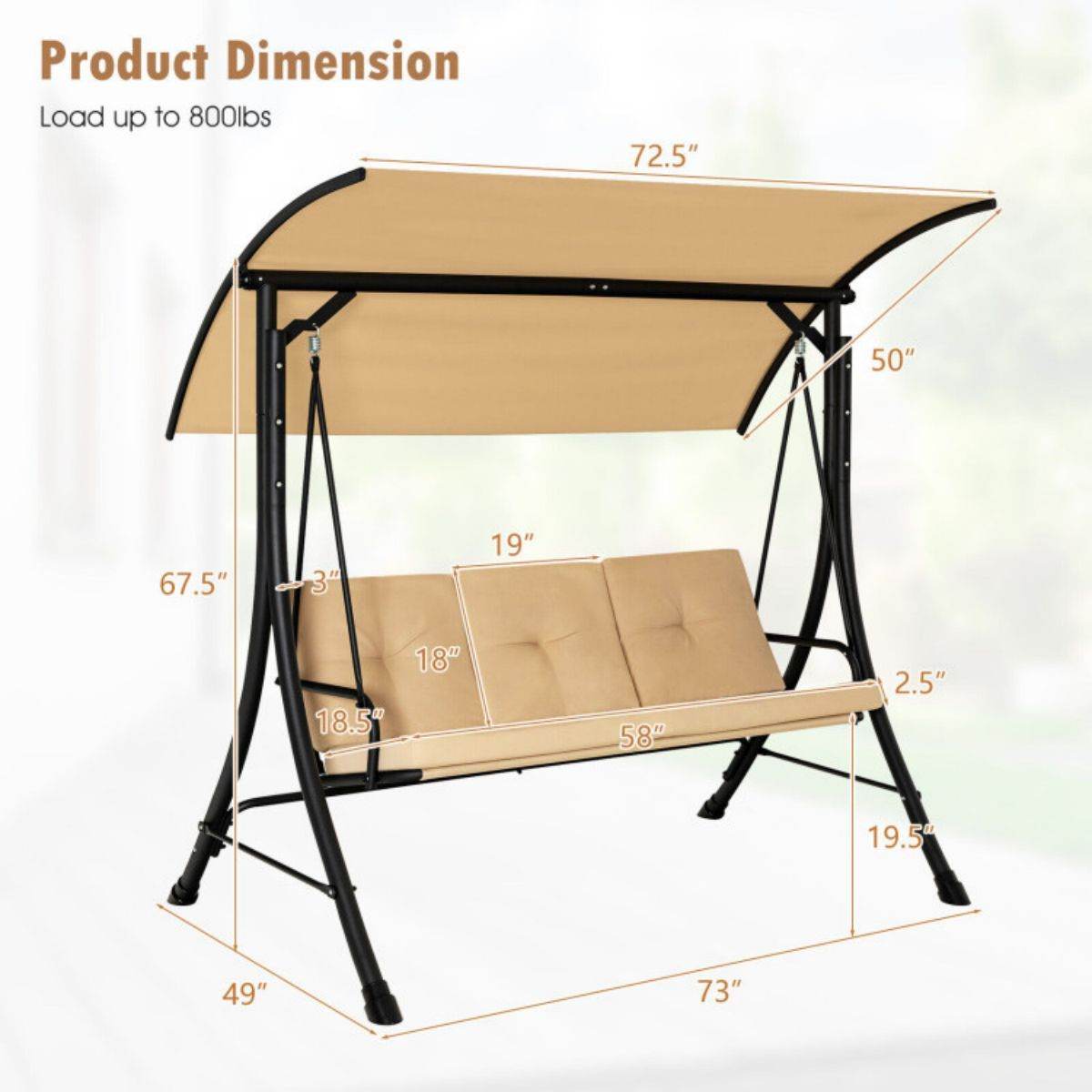 3-Seat Outdoor Porch Swing with Adjustable Canopy and Cushions â Heavy-Duty Steel Frame, 800 lb Capacity | BRG - BRG | Backyard Raise & Grow - 3-person swing, canopy swing, cushioned swing, garden swing, outdoor seating, patio swing, porch swing, steel frame swing