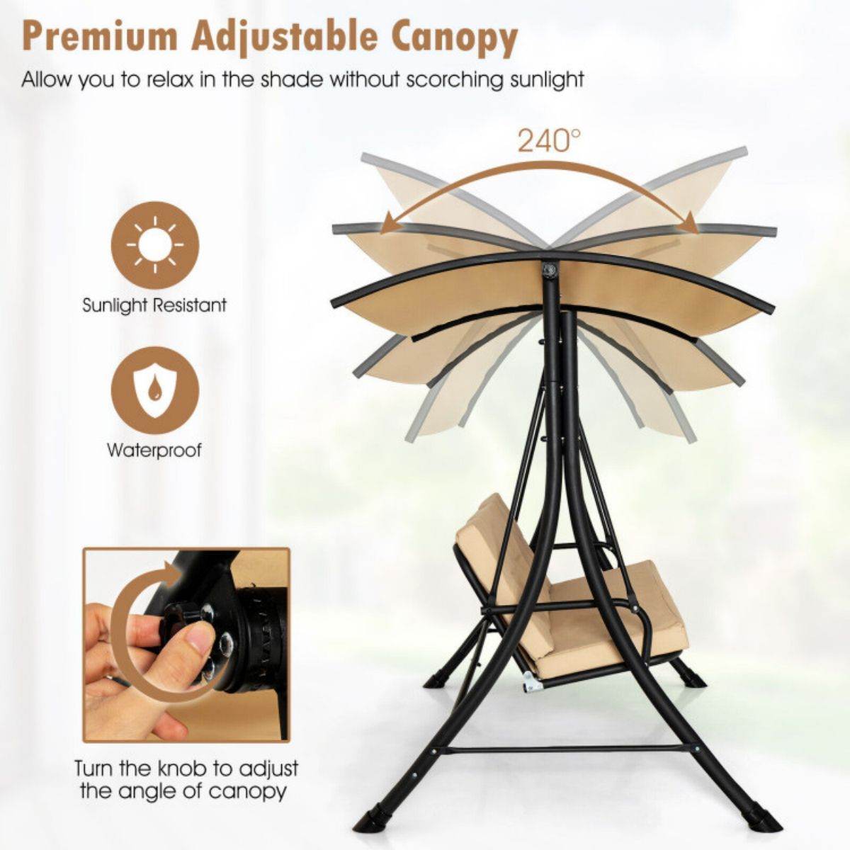 3-Seat Outdoor Porch Swing with Adjustable Canopy and Cushions â Heavy-Duty Steel Frame, 800 lb Capacity | BRG - BRG | Backyard Raise & Grow - 3-person swing, canopy swing, cushioned swing, garden swing, outdoor seating, patio swing, porch swing, steel frame swing