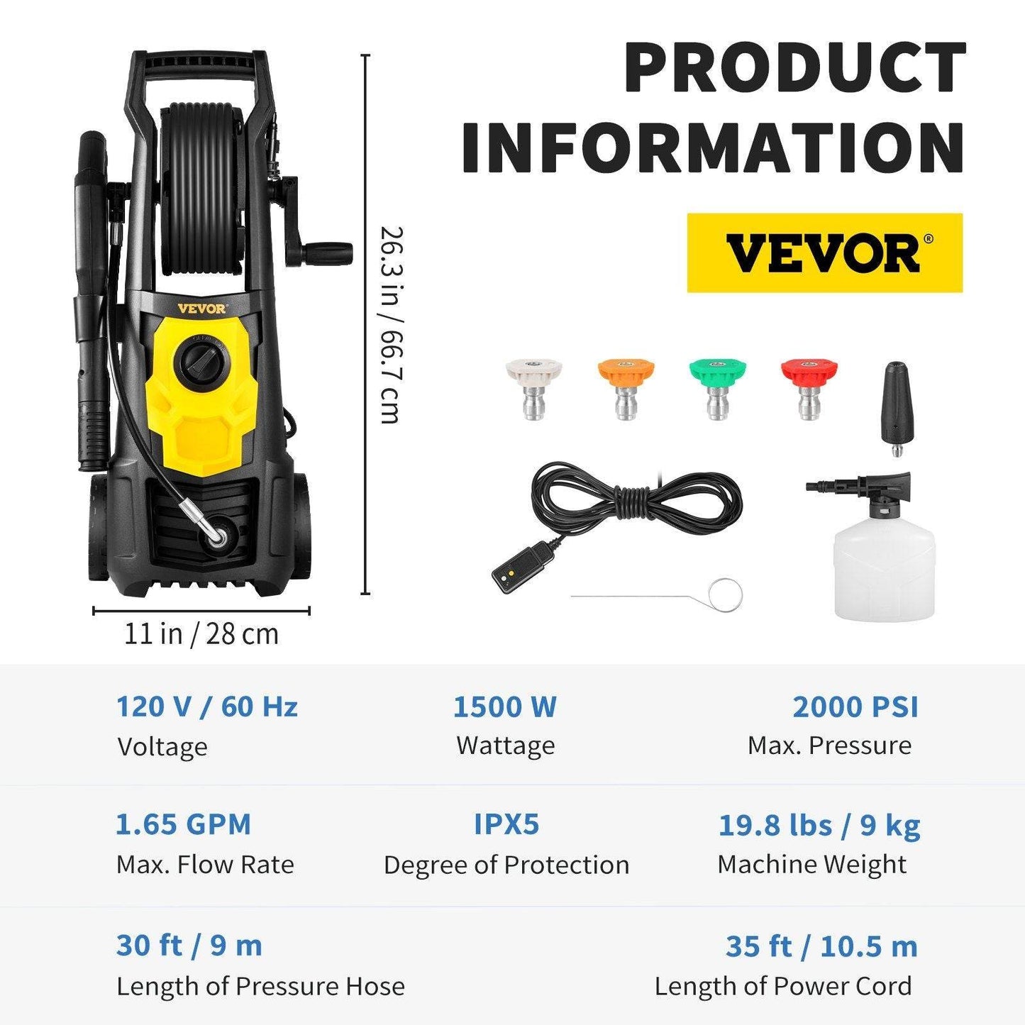 VEVOR Electric Pressure Washer, 2000 PSI, Max 1.65 GPM Power Washer w/ 30 ft Hose & Reel, 5 Quick Connect Nozzles, Foam Cannon, Portable to Clean Patios, Cars, Fences, Driveways, ETL Listed - BRG | Backyard Raise & Grow -
