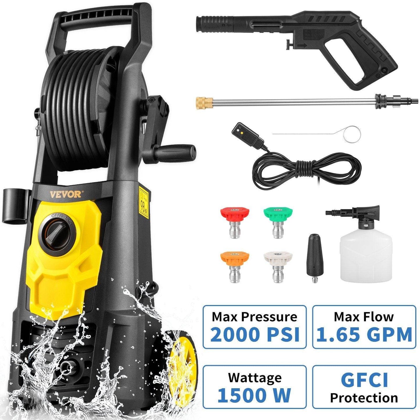 VEVOR Electric Pressure Washer, 2000 PSI, Max 1.65 GPM Power Washer w/ 30 ft Hose & Reel, 5 Quick Connect Nozzles, Foam Cannon, Portable to Clean Patios, Cars, Fences, Driveways, ETL Listed - BRG | Backyard Raise & Grow -