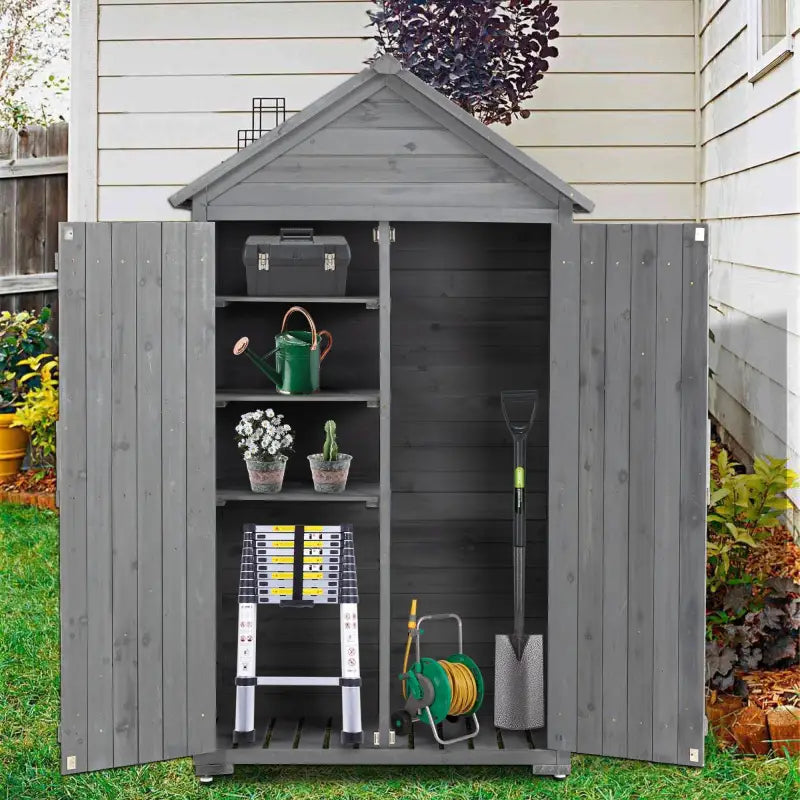 Spacious outdoor storage cabinet for garden featuring shelves for tools and plants in a stylish gray design