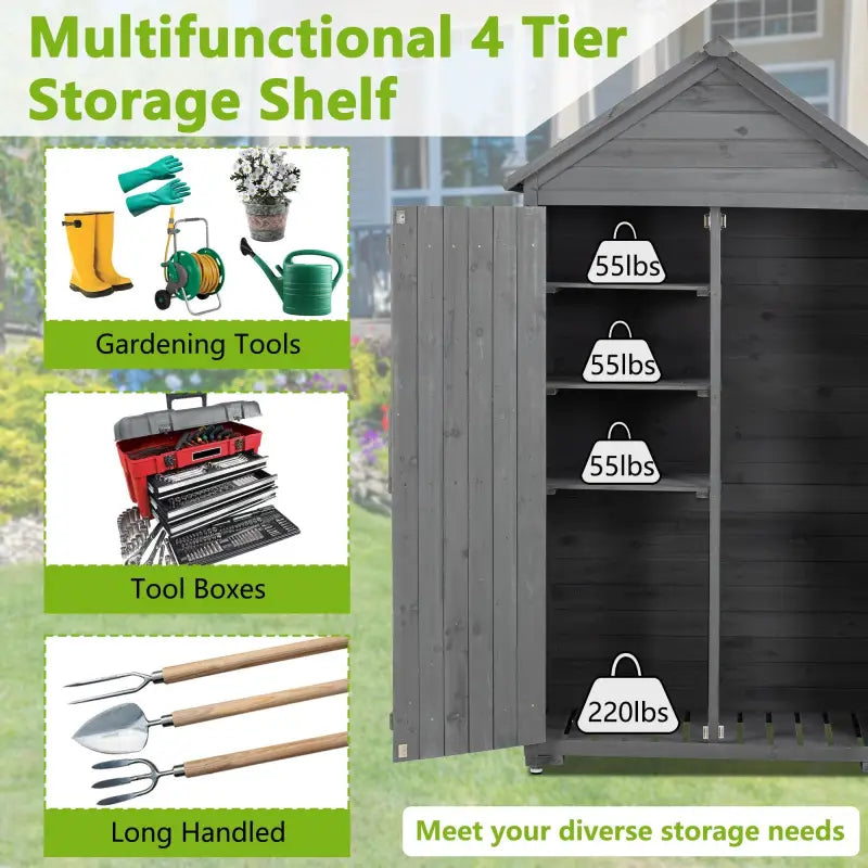 Multifunctional 4 Tier Garden Storage with toolboxes and gardening tools, ideal outdoor storage cabinet for garden