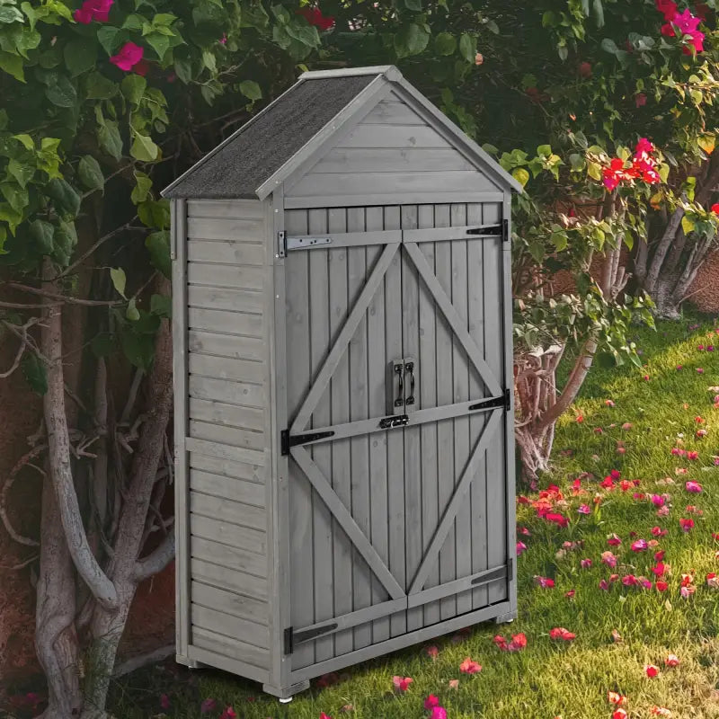 Outdoor storage cabinet for garden featuring a stylish wooden design and sloped roof