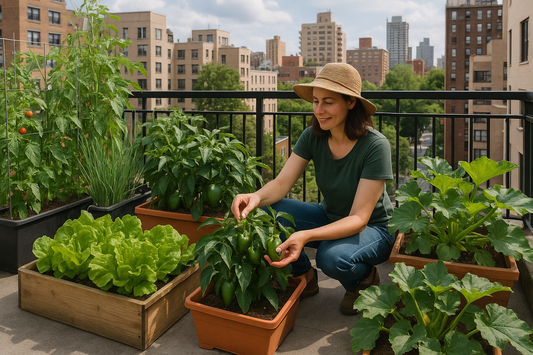 Urban family tending vegetable planters and herbs on a balcony and backyard, showing how small spaces can be transformed into thriving micro-agriculture food sources for greater urban food security and sustainability.