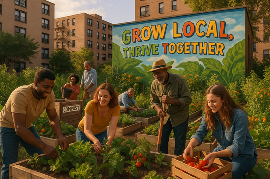 Diverse group of people gardening in a vibrant urban community garden, harvesting vegetables and composting, with a mural that reads “Grow Local, Thrive Together” in the background.