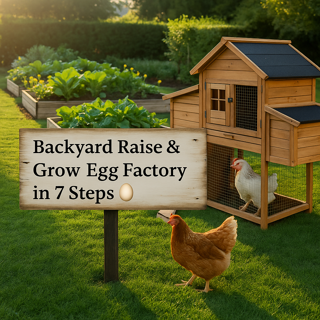 A sunny backyard with a small wooden chicken coop, hens pecking nearby, and kids watching with delight. Raised garden beds sit in the background, capturing a peaceful, family-friendly homesteading scene.