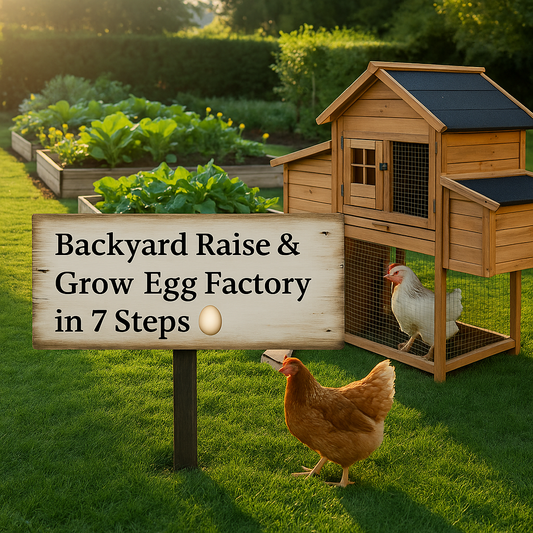 A sunny backyard with a small wooden chicken coop, hens pecking nearby, and kids watching with delight. Raised garden beds sit in the background, capturing a peaceful, family-friendly homesteading scene.