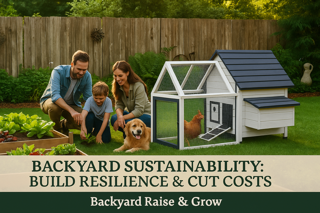 A family tends to a sustainable backyard with raised garden beds and a small chicken coop, surrounded by greenery. The scene captures the essence of self-sufficiency and financial resilience in a suburban setting.