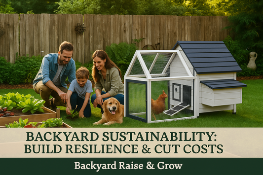 A family tends to a sustainable backyard with raised garden beds and a small chicken coop, surrounded by greenery. The scene captures the essence of self-sufficiency and financial resilience in a suburban setting.