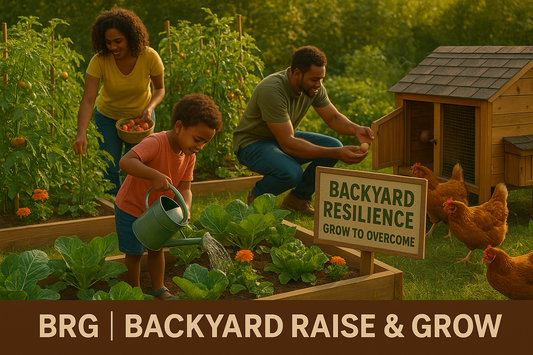 A family works together in a backyard garden with raised beds and a chicken coop, illustrating sustainable living and financial resilience amid rising tariffs. A yard sign reads “Backyard Resilience – Grow to Overcome.”