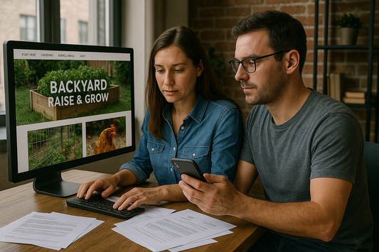 A man and woman in a cozy urban home office work together at a desk, reviewing financial documents and using a desktop computer and smartphone to manage affiliate marketing tasks, with a homesteading website open on the screen.