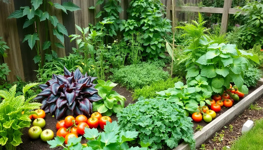 Lush backyard garden with fresh vegetables and herbs