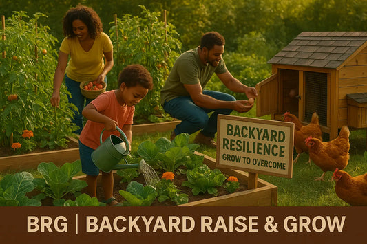 A family works together in a backyard garden with raised beds and a chicken coop, illustrating sustainable living and financial resilience amid rising tariffs. A yard sign reads “Backyard Resilience – Grow to Overcome.”