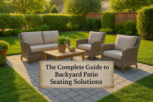 A sunlit backyard patio featuring stylish seating arrangements with wooden and wicker chairs, soft cushions, and a central table surrounded by potted plants, creating a cozy and inviting outdoor relaxation area for family and guests.