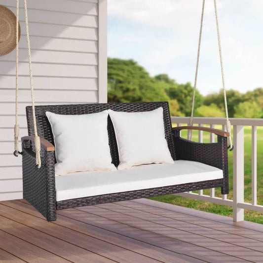 2-Person Patio Rattan Porch Swing with Cushions & Acacia Wood Armrests for Outdoor Use Mix Brown | BRG - Brown - Porch