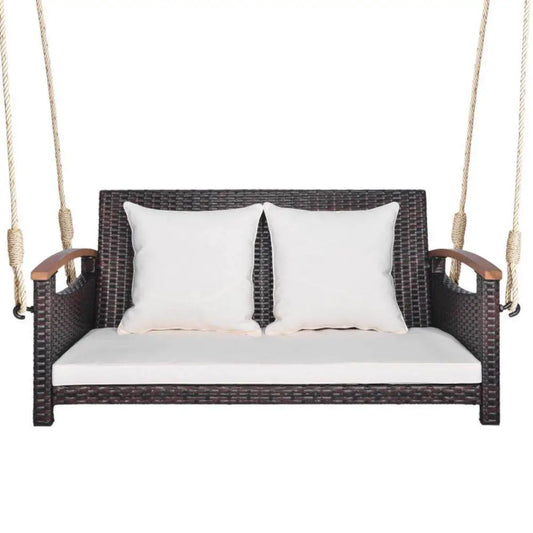 2-Person Patio Rattan Porch Swing with Cushions & Acacia Wood Armrests for Outdoor Use Mix Brown | BRG - Brown - Porch