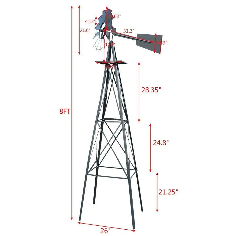8ft Green Iron Garden Windmill with Weathervane – Outdoor Decorative Spinner, 4-Leg Vertical Yard Ornament | BRG - BRG | Backyard Raise & Grow - 8ft windmill, decorative yard spinner, farmhouse decor, garden windmill, green windmill, iron windmill, outdoor windmill, vertical garden decor, weathervane