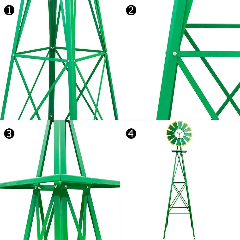 8ft Green Iron Garden Windmill with Weathervane – Outdoor Decorative Spinner, 4-Leg Vertical Yard Ornament | BRG - BRG | Backyard Raise & Grow - 8ft windmill, decorative yard spinner, farmhouse decor, garden windmill, green windmill, iron windmill, outdoor windmill, vertical garden decor, weathervane