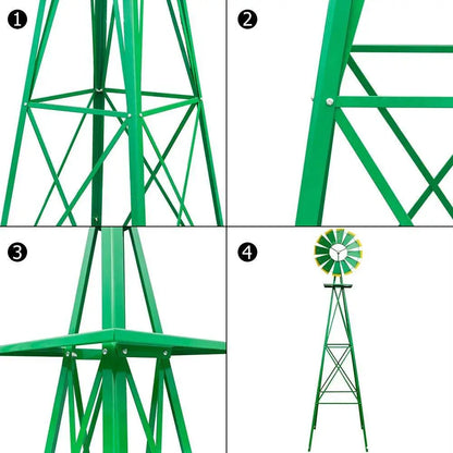 8ft Green Iron Garden Windmill with Weathervane – Outdoor Decorative Spinner, 4-Leg Vertical Yard Ornament | BRG - BRG | Backyard Raise & Grow - 8ft windmill, decorative yard spinner, farmhouse decor, garden windmill, green windmill, iron windmill, outdoor windmill, vertical garden decor, weathervane