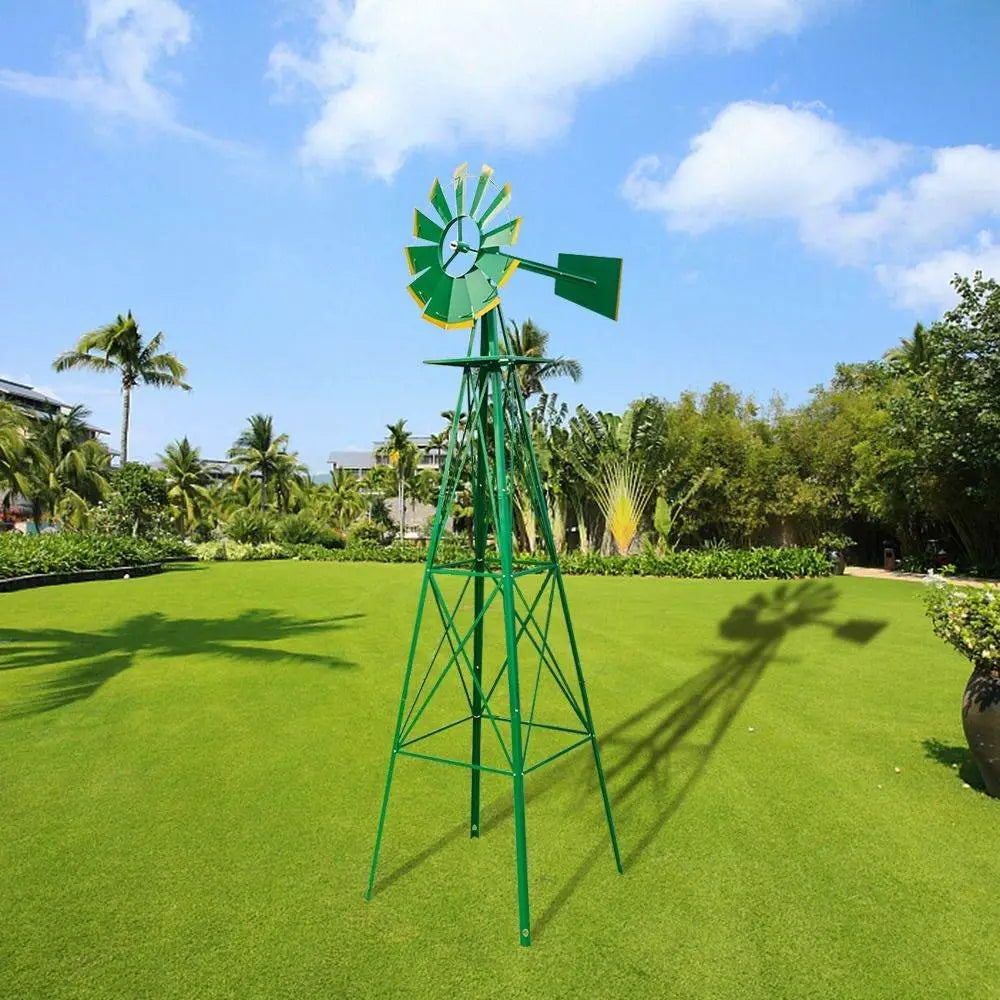 8ft Green Iron Garden Windmill with Weathervane – Outdoor Decorative Spinner, 4-Leg Vertical Yard Ornament | BRG - BRG | Backyard Raise & Grow - 8ft windmill, decorative yard spinner, farmhouse decor, garden windmill, green windmill, iron windmill, outdoor windmill, vertical garden decor, weathervane