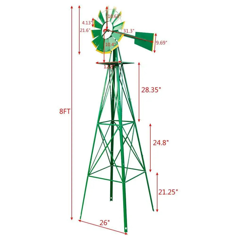 8ft Green Iron Garden Windmill with Weathervane – Outdoor Decorative Spinner, 4-Leg Vertical Yard Ornament | BRG - BRG | Backyard Raise & Grow - 8ft windmill, decorative yard spinner, farmhouse decor, garden windmill, green windmill, iron windmill, outdoor windmill, vertical garden decor, weathervane