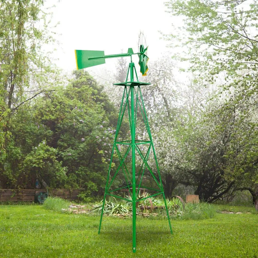 8ft Green Iron Garden Windmill with Weathervane – Outdoor Decorative Spinner, 4-Leg Vertical Yard Ornament | BRG - BRG | Backyard Raise & Grow - 8ft windmill, decorative yard spinner, farmhouse decor, garden windmill, green windmill, iron windmill, outdoor windmill, vertical garden decor, weathervane